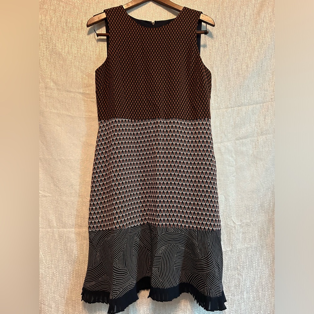 Ann Taylor Sleeveless Dress Brown, White, Navy Geometric Midi Dress size 8 NWOT